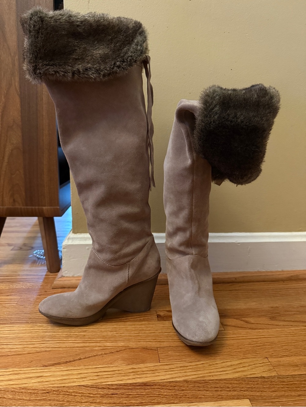 b. makowsky Taupe Suede-Look Knee-High Boots with Brown Faux-Fur Cuff